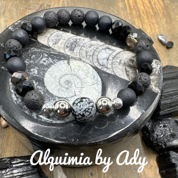 Snowflake obsidian 10mm chunky beaded handmade bracelet black lava rock - Picture 1 of 4